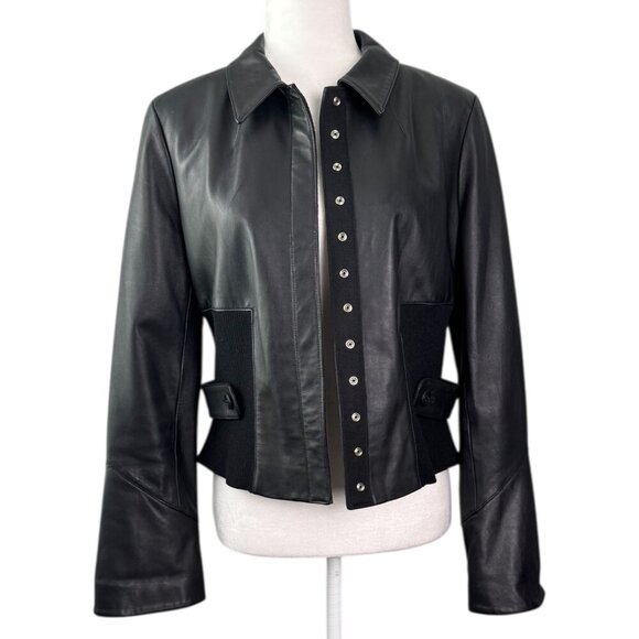 WORTH Classic Moto Leather Jacket Snap Front Knit Sides Flared Sleeve Size 10 - Picture 2 of 9